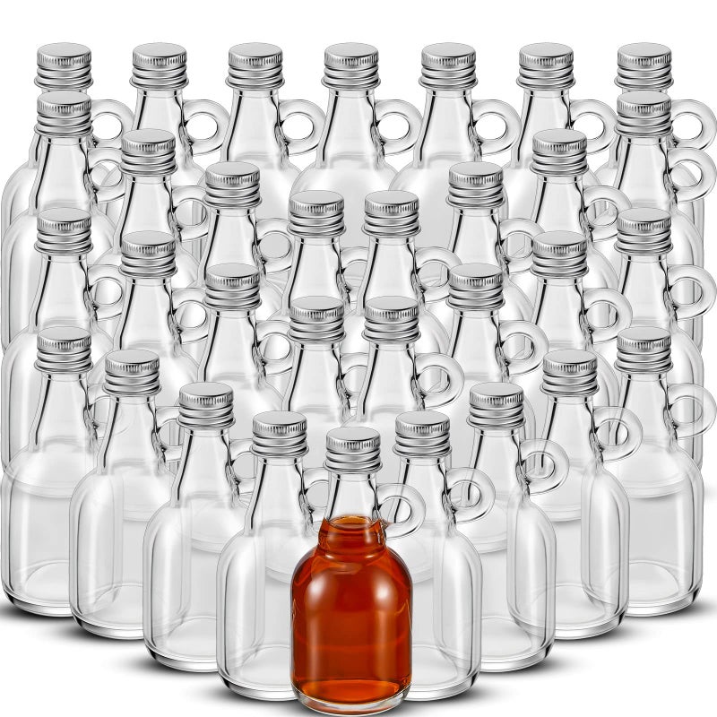 Suclain 32 Pcs 17oz Glass Syrup Bottles with Aluminum Lids and Loop Handle Clear Glass Reusable Maple Syrup Jars Container Stout Sample Bottles for Potion Juice Milk Storage Sauce Oil