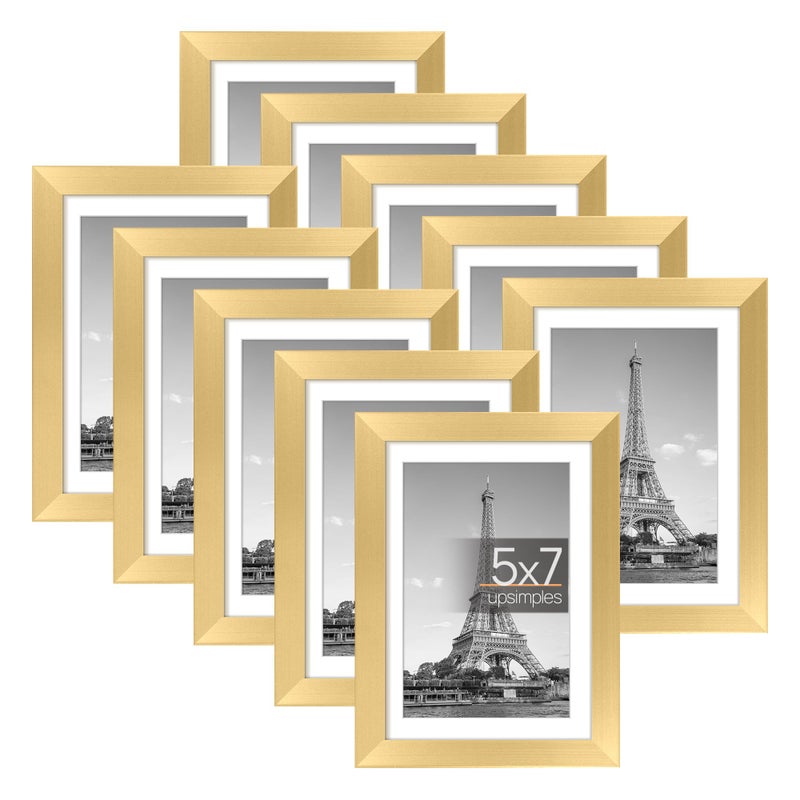 upsimples 5x7 Picture Frame Set of 10  Display Pictures 4x6 with Mat or 5x7 Without Mat  Multi Photo Frames Collage for Wall or Tabletop Display  Real Glass  Gold