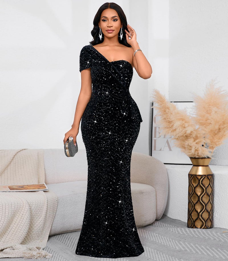 Cololura Women Sexy Sequin One Shoulder Mermaid Formal Party Cocktail Gowns Bodycon Evening Maxi Dress Black - Image 5