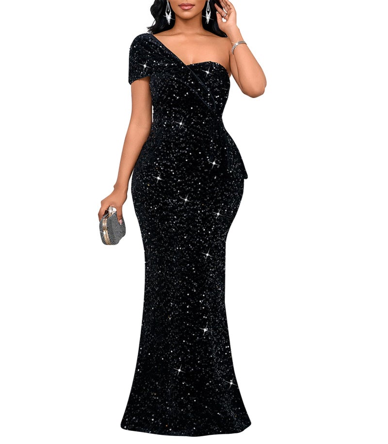 Cololura Women Sexy Sequin One Shoulder Mermaid Formal Party Cocktail Gowns Bodycon Evening Maxi Dress Black - Image 1
