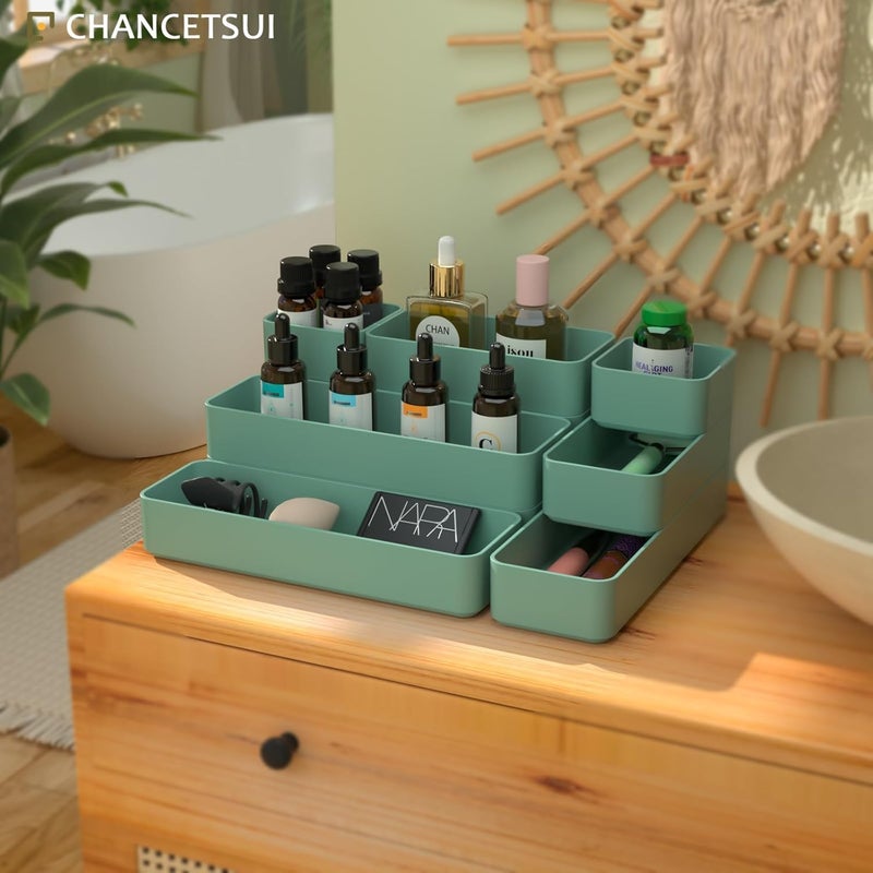 CHANCETSUI 9 Pcs Stackable Drawer Organizer Trays Set, Multifunctional Stackable Storage Trays for Vanity, Bathroom, Kitchen, Desk Drawer Organizer Office. Plastic Drawer Organizers Available In 5 Colours, Green - Image 2