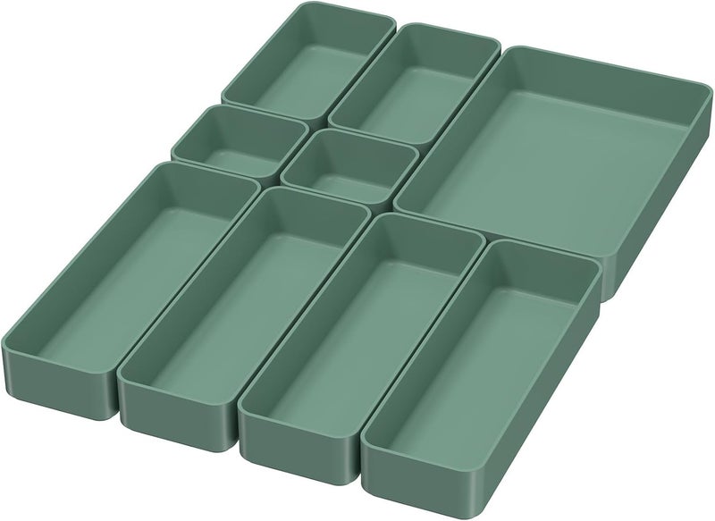 CHANCETSUI 9 Pcs Stackable Drawer Organizer Trays Set, Multifunctional Stackable Storage Trays for Vanity, Bathroom, Kitchen, Desk Drawer Organizer Office. Plastic Drawer Organizers Available In 5 Colours, Green - Image 1