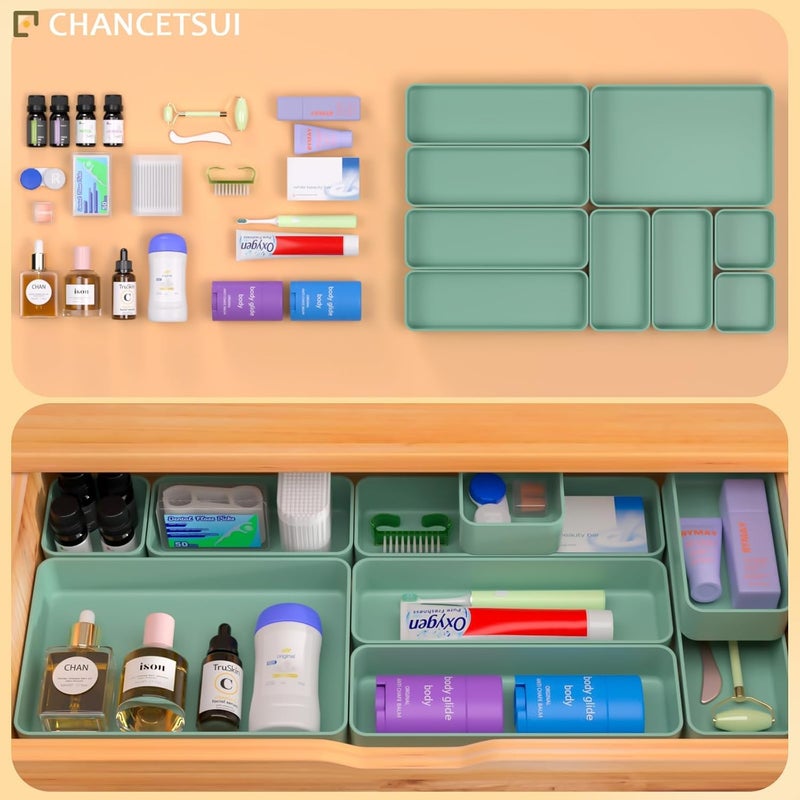 CHANCETSUI 9 Pcs Stackable Drawer Organizer Trays Set, Multifunctional Stackable Storage Trays for Vanity, Bathroom, Kitchen, Desk Drawer Organizer Office. Plastic Drawer Organizers Available In 5 Colours, Green - Image 3
