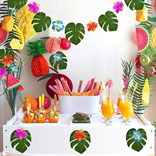 KUUQA 60 Pcs Tropical Party Decoration Supplies 8" Palmtera Hibiscus Leaves and Flowers, Simulation Leaf for Hawaiian Luau Party Jungle Beach Theme Table Decorations - Image 5