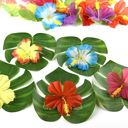 KUUQA 60 Pcs Tropical Party Decoration Supplies 8" Palmtera Hibiscus Leaves and Flowers, Simulation Leaf for Hawaiian Luau Party Jungle Beach Theme Table Decorations - Image 3