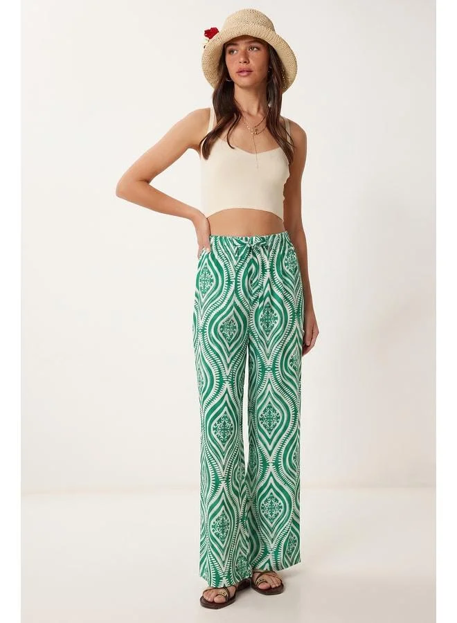 Lovely Istanbul Patterned Flowing Viscose Palazzo Pants LRN0036 GREEN WHITE.