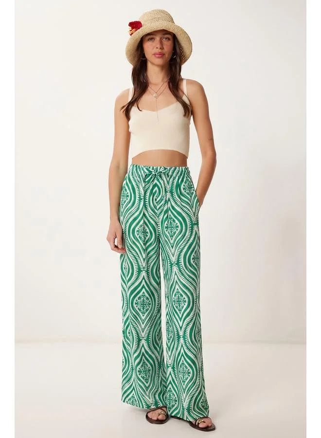 Lovely Istanbul Patterned Flowing Viscose Palazzo Pants LRN0036 GREEN WHITE.