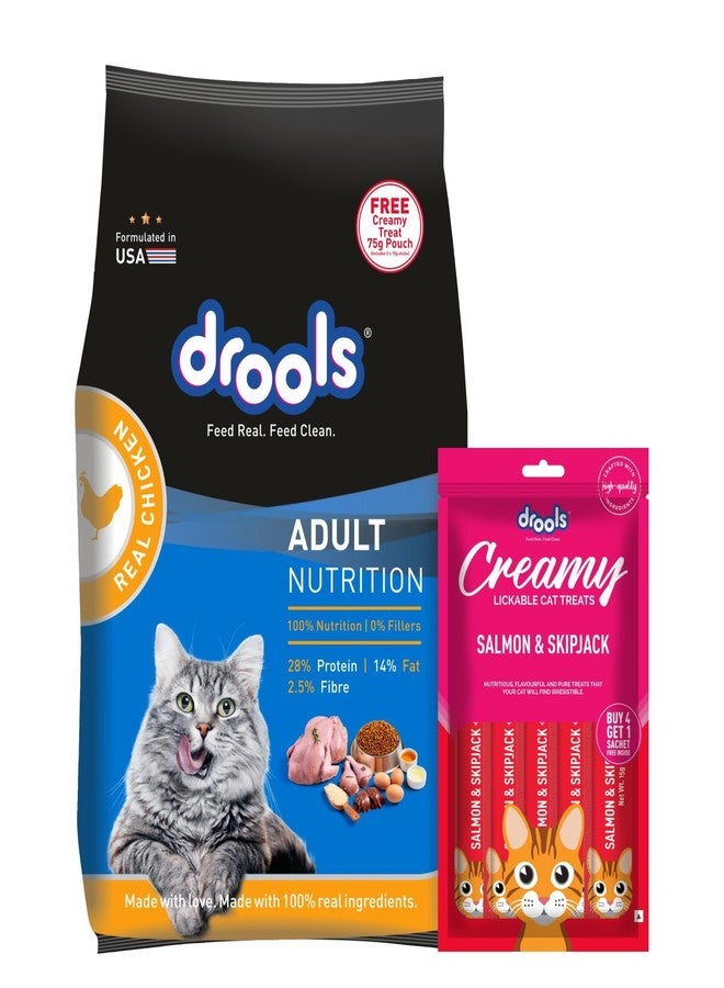Drools Adult Dry Cat Food 1kg with Free Creamy Treat 75g | Real Chicken Flavour | Hairball Control | Taurine for Cardiac Support | Nourished Skin & Shiny Fur - Image 1