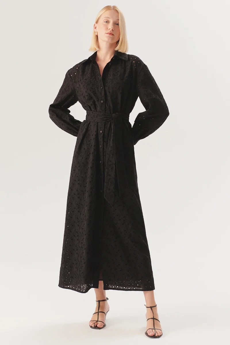 EXQUISE Maxi Length Belted Lace Regular Cotton Shirt Dress