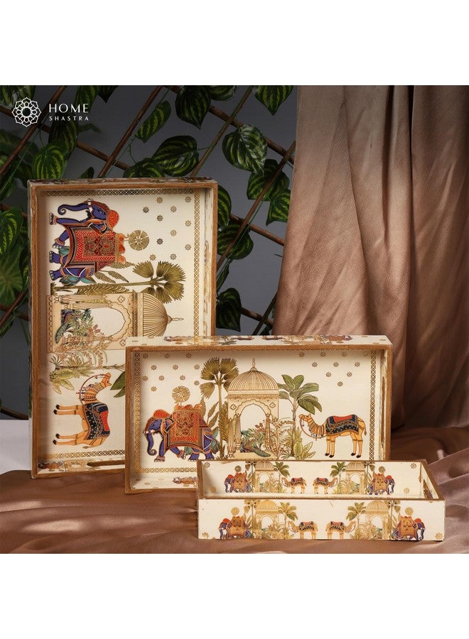 HomeShastra HomeShastra Wooden Serving Tray with Gold Engraving | Set of 3 | Size : 16 x 10 inch, 14 x 8 inch & 12 x 6 inch | Enamel Coated Waterproof | Rectangular | Decorative Trays | Royal Camel Set - Image 2