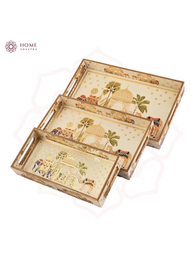 HomeShastra HomeShastra Wooden Serving Tray with Gold Engraving | Set of 3 | Size : 16 x 10 inch, 14 x 8 inch & 12 x 6 inch | Enamel Coated Waterproof | Rectangular | Decorative Trays | Royal Camel Set - Image 4