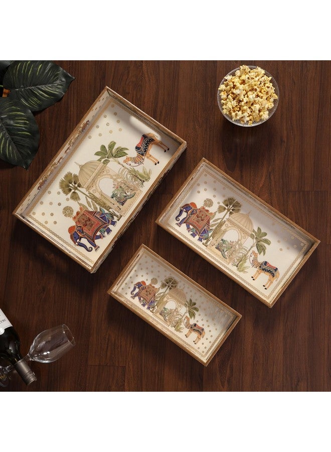 HomeShastra HomeShastra Wooden Serving Tray with Gold Engraving | Set of 3 | Size : 16 x 10 inch, 14 x 8 inch & 12 x 6 inch | Enamel Coated Waterproof | Rectangular | Decorative Trays | Royal Camel Set - Image 1