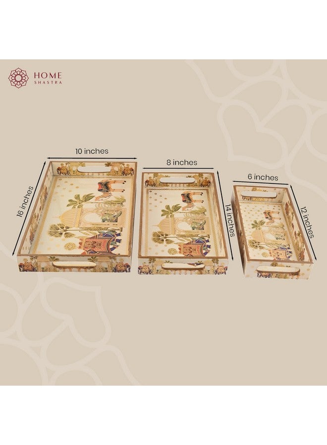 HomeShastra HomeShastra Wooden Serving Tray with Gold Engraving | Set of 3 | Size : 16 x 10 inch, 14 x 8 inch & 12 x 6 inch | Enamel Coated Waterproof | Rectangular | Decorative Trays | Royal Camel Set - Image 3