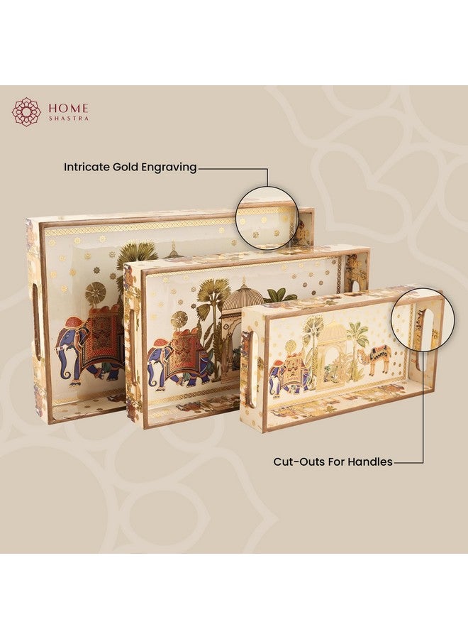 HomeShastra HomeShastra Wooden Serving Tray with Gold Engraving | Set of 3 | Size : 16 x 10 inch, 14 x 8 inch & 12 x 6 inch | Enamel Coated Waterproof | Rectangular | Decorative Trays | Royal Camel Set - Image 5