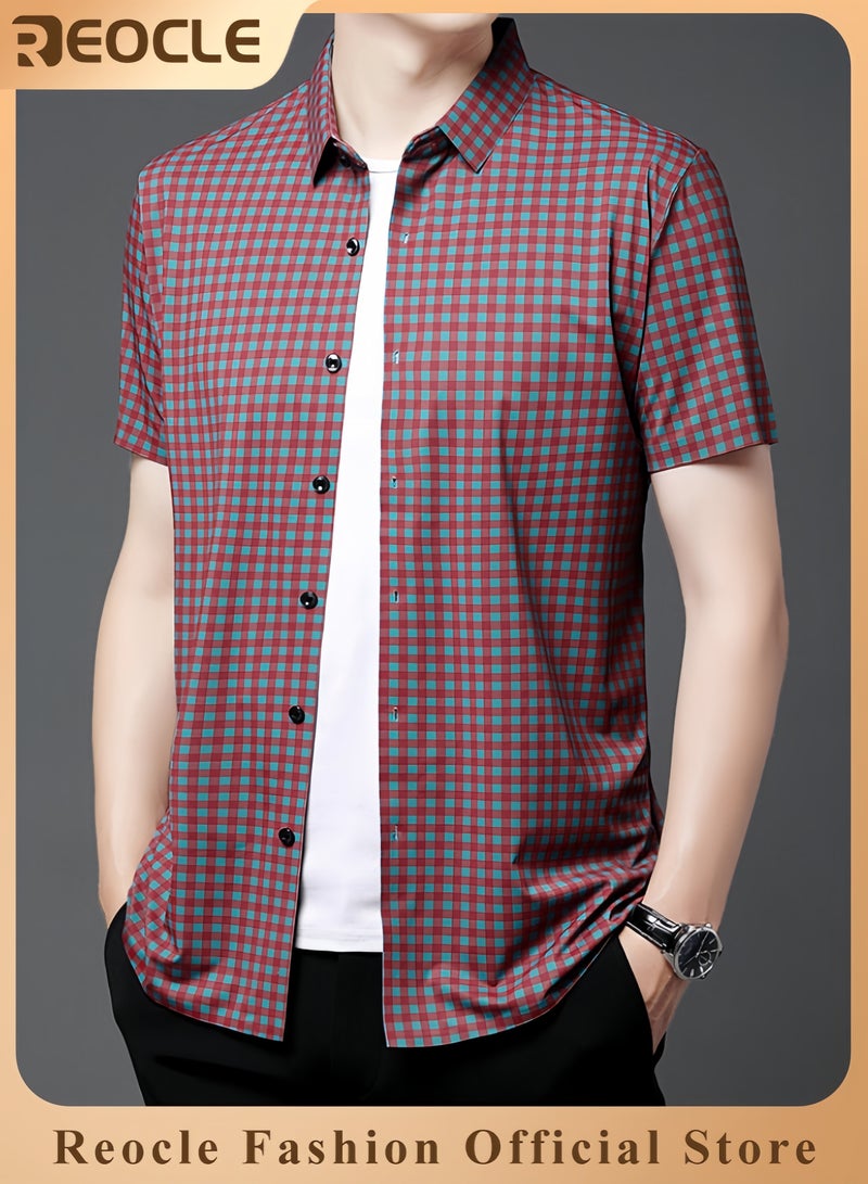 REOCLE Men's Shirt Thin Plaid Shirt Short Sleeve Button Down Shirts for Gentlemen Cotton Regular Fit Casual Gingham Non-iron Shirts - Image 1
