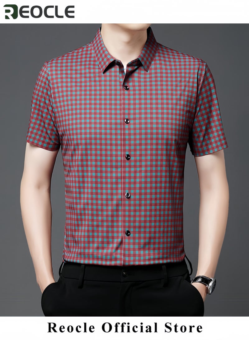 REOCLE Men's Shirt Thin Plaid Shirt Short Sleeve Button Down Shirts for Gentlemen Cotton Regular Fit Casual Gingham Non-iron Shirts - Image 2