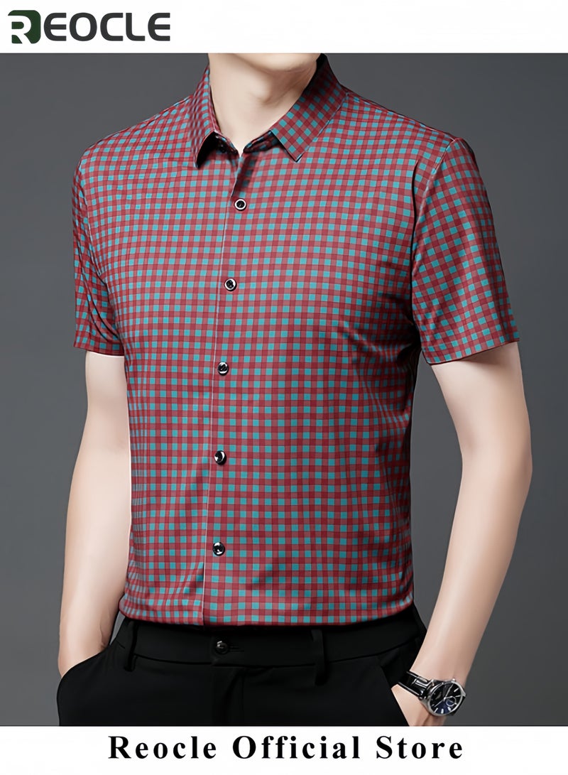 REOCLE Men's Shirt Thin Plaid Shirt Short Sleeve Button Down Shirts for Gentlemen Cotton Regular Fit Casual Gingham Non-iron Shirts - Image 3