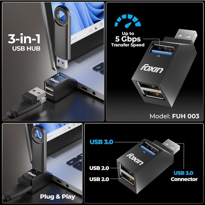 FOXIN 3-Port USB Hub (1 x USB 3.0 + 2 x USB 2.0), High-Speed Data Transfer up to 5Gbps, Lightweight & Portable, Multi-OS Compatible Plug & Play USB Hub for Laptops, PCs & Mac (Black) - Image 2