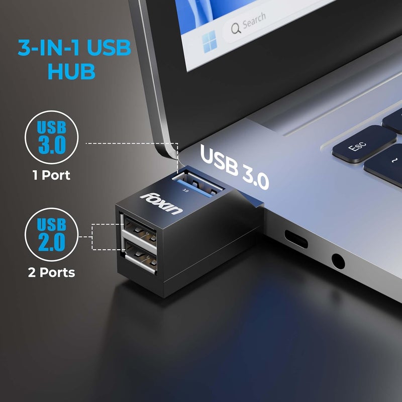 FOXIN 3-Port USB Hub (1 x USB 3.0 + 2 x USB 2.0), High-Speed Data Transfer up to 5Gbps, Lightweight & Portable, Multi-OS Compatible Plug & Play USB Hub for Laptops, PCs & Mac (Black) - Image 4