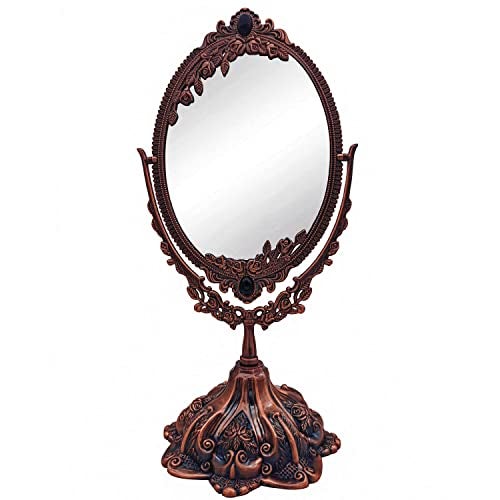 Hsiwto Vintage Double Side Makeup Mirror, Alloy Metal Table Makeup Desktop Mirror with 360 Degree Rotation Cosmetic Makeup Tool for Women Girls, Small Red Copper - Image 1