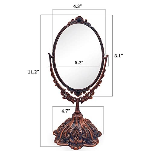 Hsiwto Vintage Double Side Makeup Mirror, Alloy Metal Table Makeup Desktop Mirror with 360 Degree Rotation Cosmetic Makeup Tool for Women Girls, Small Red Copper - Image 2