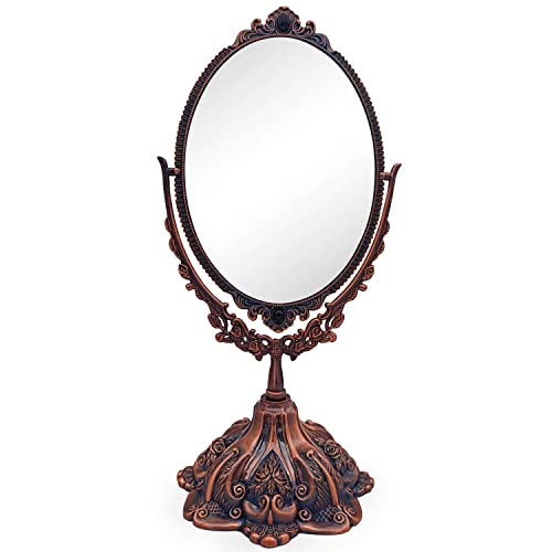 Hsiwto Vintage Double Side Makeup Mirror, Alloy Metal Table Makeup Desktop Mirror with 360 Degree Rotation Cosmetic Makeup Tool for Women Girls, Small Red Copper - Image 3