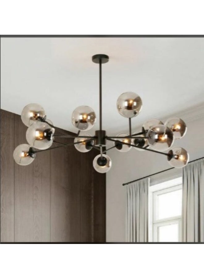 المفتاحة ثريا زجاجية كروية حديثة بـ 12 مصباحًا - وحدة إضاءة سقف سبوتنيك معدنية سوداء لغرفة المعيشة وغرفة الطعام وغرفة النوم - مصباح معلق صناعي قابل للتعديل بظلال زجاجية دخانية - Image 1