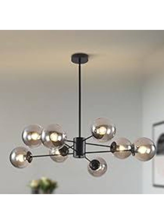 المفتاحة ثريا زجاجية كروية حديثة بـ 12 مصباحًا - وحدة إضاءة سقف سبوتنيك معدنية سوداء لغرفة المعيشة وغرفة الطعام وغرفة النوم - مصباح معلق صناعي قابل للتعديل بظلال زجاجية دخانية - Image 2