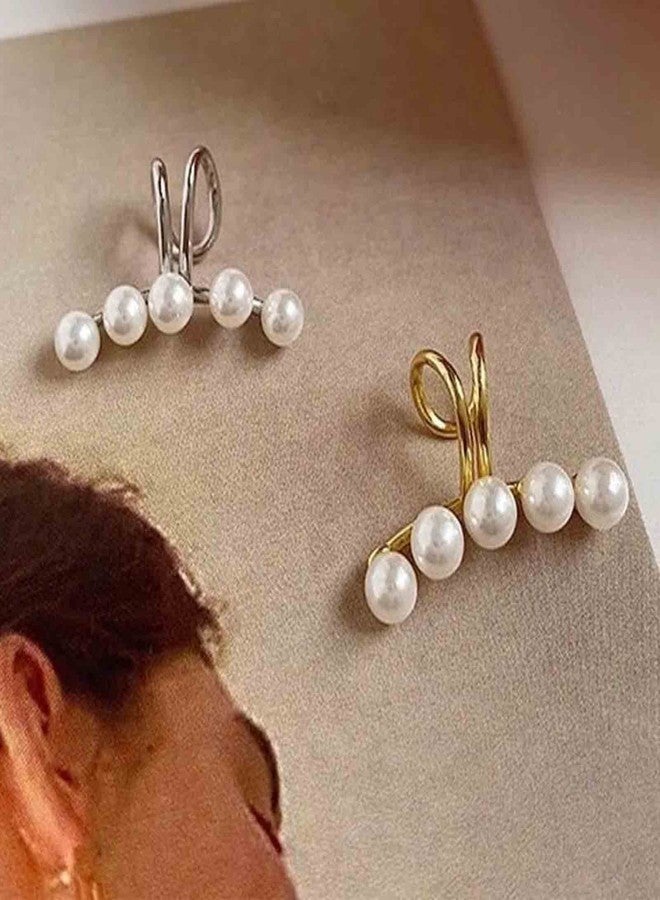 أقراط Yheakne Boho Pearl Clip On، أقراط ذهبية مرصعة باللؤلؤ، أقراط عتيقة بمشبك من اللؤلؤ، أقراط غضروفية مرصعة باللؤلؤ، مجوهرات للنساء (ذهبي) - Image 5