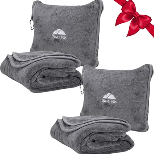 BlueHills 2-Pack Premium Soft Travel Blanket Pillow Airplane Blanket in Soft Bag Pillowcase with Hand Luggage Belt and Backpack Clip, Compact Pack Large Blankets for Any Travel (Grey Gray T013) - Image 1