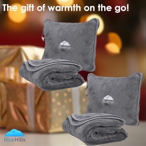 BlueHills 2-Pack Premium Soft Travel Blanket Pillow Airplane Blanket in Soft Bag Pillowcase with Hand Luggage Belt and Backpack Clip, Compact Pack Large Blankets for Any Travel (Grey Gray T013) - Image 2