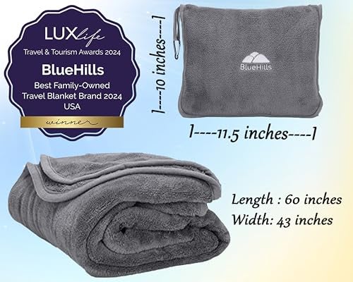 BlueHills 2-Pack Premium Soft Travel Blanket Pillow Airplane Blanket in Soft Bag Pillowcase with Hand Luggage Belt and Backpack Clip, Compact Pack Large Blankets for Any Travel (Grey Gray T013) - Image 4