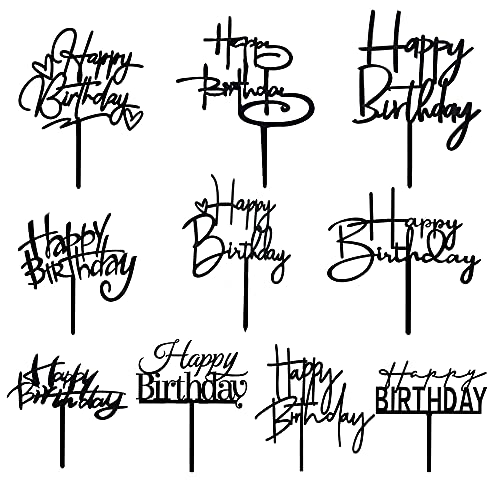 RASSLISA 10 PCS Black Happy Birthday Cake Topper Acrylic Cupcake Topper A Series of Birthday Cake Supplies Decorations - Image 1