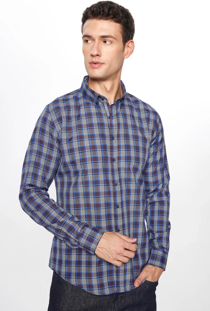 Tudors Men's Slim Fit Slim Fit Long Sleeve Cotton Easy Iron Checked Button Down Collar Shirt