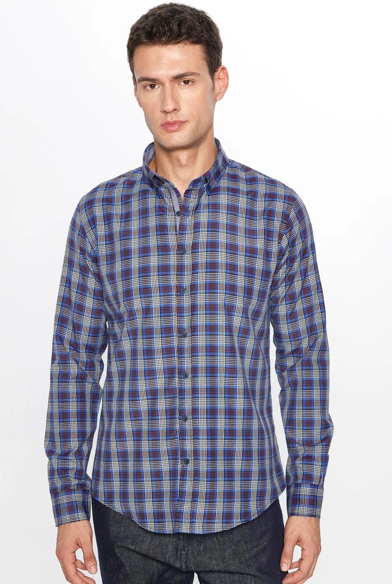 Tudors Men's Slim Fit Slim Fit Long Sleeve Cotton Easy Iron Checked Button Down Collar Shirt