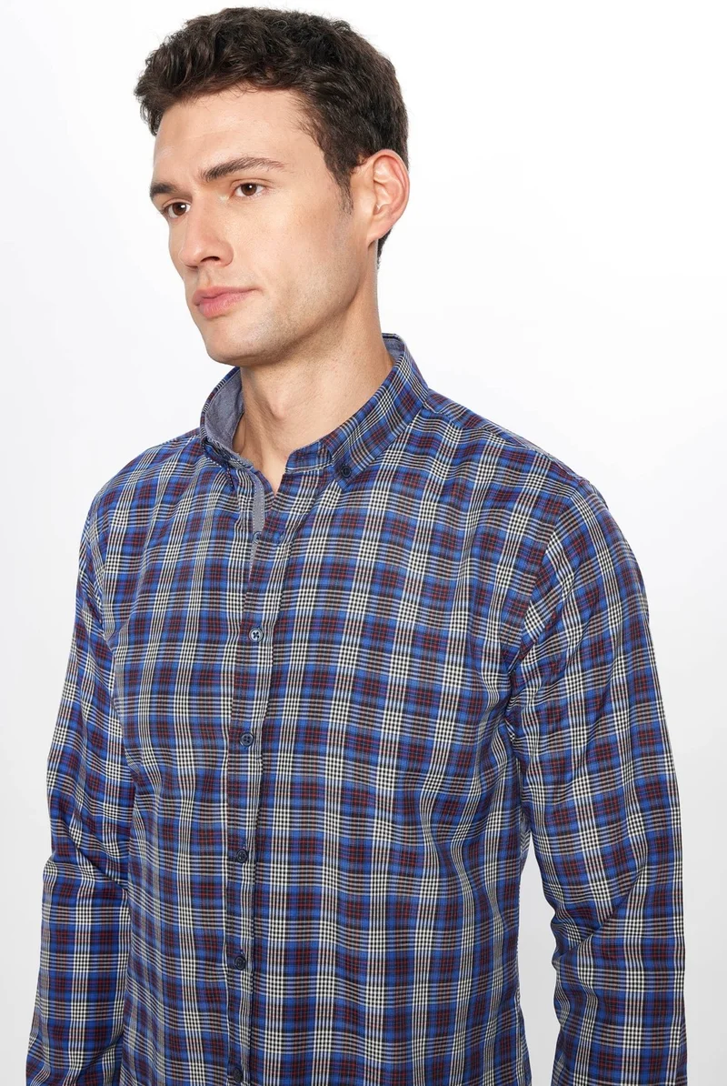 Tudors Men's Slim Fit Slim Fit Long Sleeve Cotton Easy Iron Checked Button Down Collar Shirt