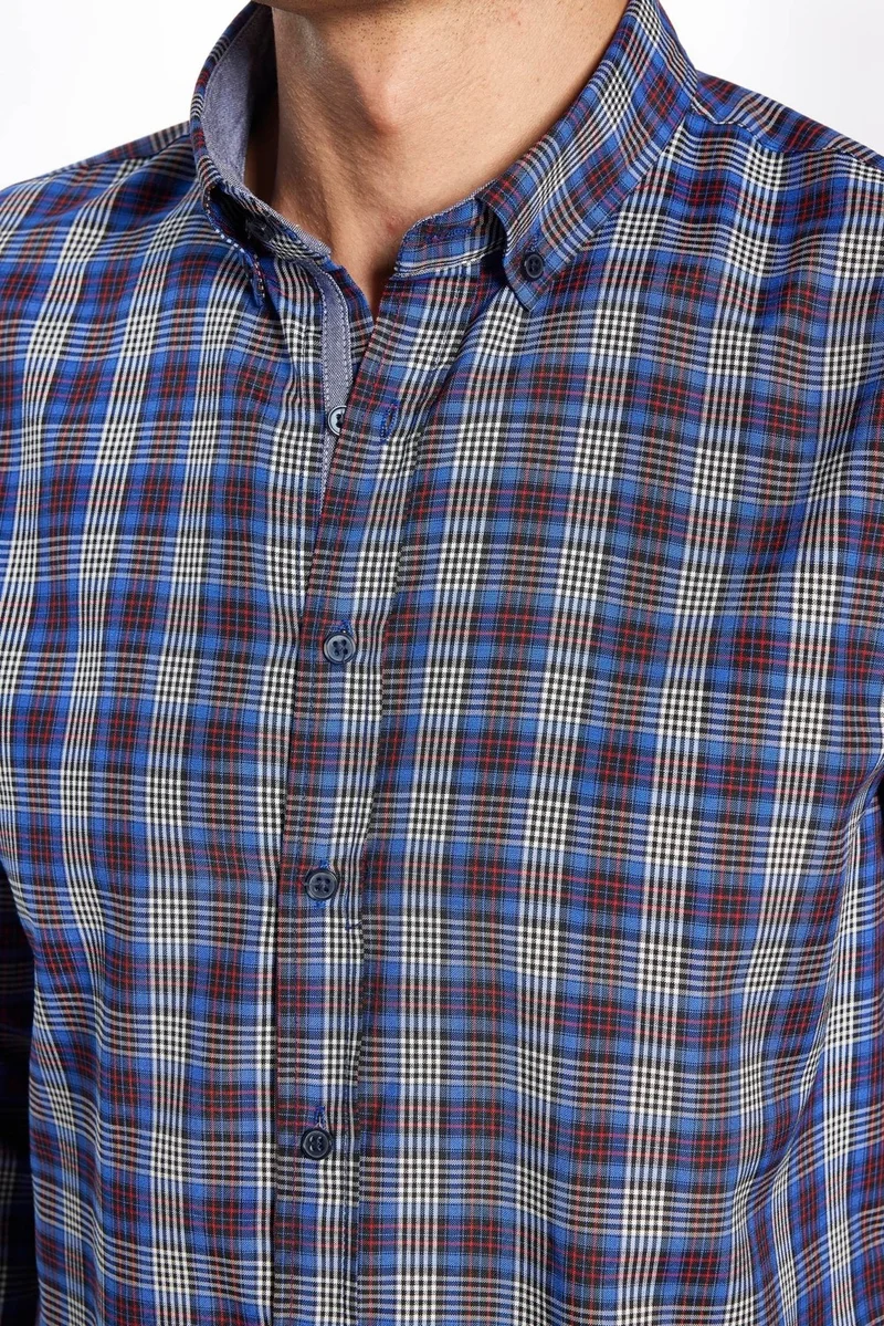 Tudors Men's Slim Fit Slim Fit Long Sleeve Cotton Easy Iron Checked Button Down Collar Shirt