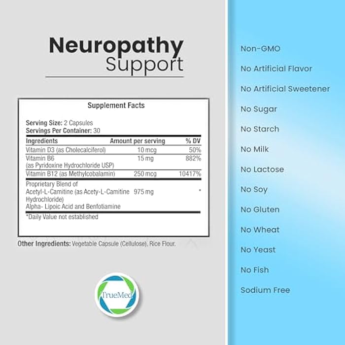 TRUEMED Neuropathy Support Neuro and Nerve Health Supplement with Vitamin D3, B6, B12, Acetyl-L-Carnitine, Alpha-Lipoic Acid, and Benfotiamine Supports Feet Nerve Function 60 Vegetable Capsules - Image 3