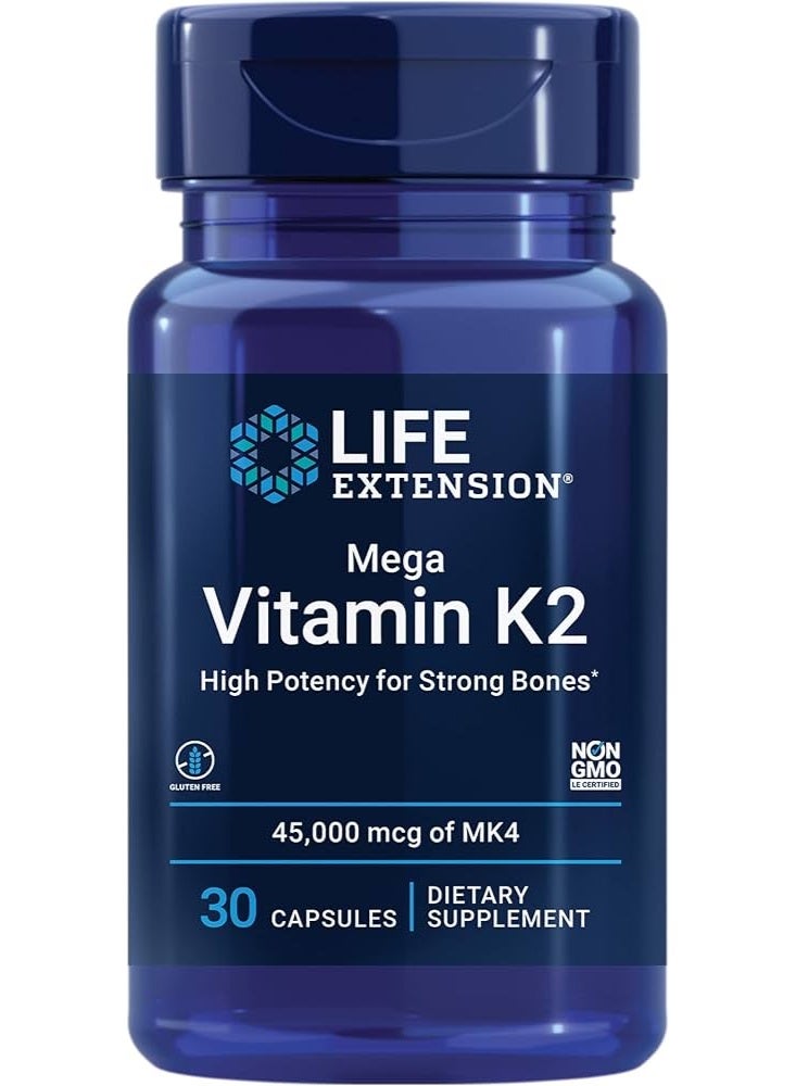 لايف إكستنشن ميجا فيتامين K2 تركيز عالٍ لعظام قوية 45,000 ميكروغرام (45 ملغ) فيتامين K2 بجرعة قوية لدعم كثافة العظام الصحية، 30 كبسولة - Image 1