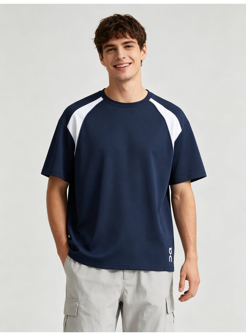 اون راننج On Running Men Raglan Color Block Short Sleeve T-Shirt, Navy White Spliced Crew Neck Quick Dry Athletic Tee with Side Logo Print - Image 1