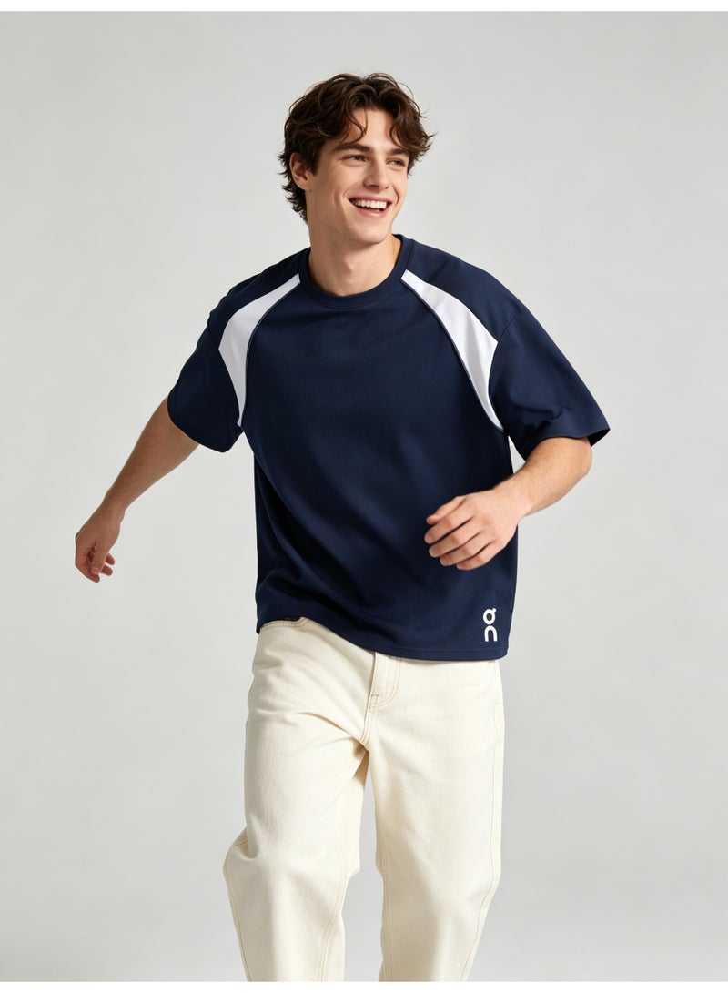 اون راننج On Running Men Raglan Color Block Short Sleeve T-Shirt, Navy White Spliced Crew Neck Quick Dry Athletic Tee with Side Logo Print - Image 4