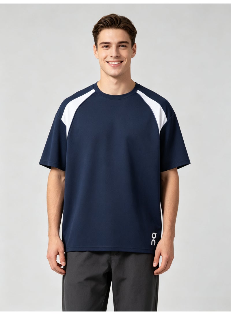 اون راننج On Running Men Raglan Color Block Short Sleeve T-Shirt, Navy White Spliced Crew Neck Quick Dry Athletic Tee with Side Logo Print - Image 2