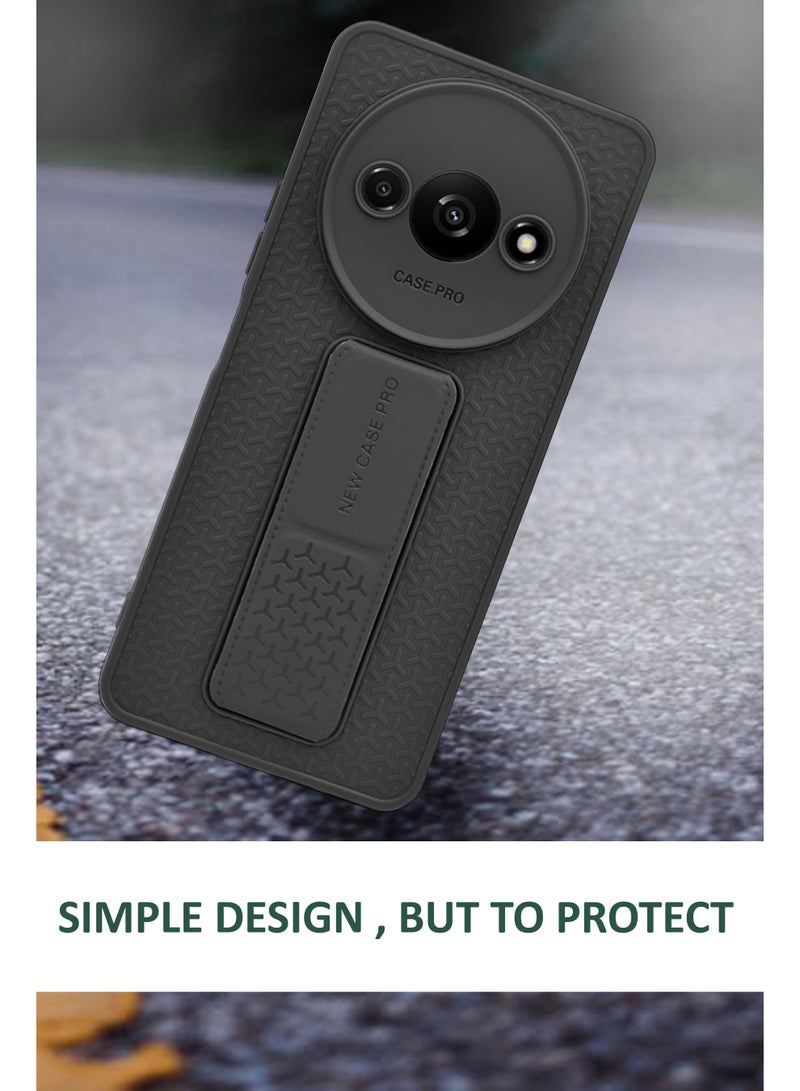 GMATE Redmi A3 - Semi Soft Silicone Magnetic Back Stand Case  With Foldable Kickstand & Finger Strap - Black - Image 2
