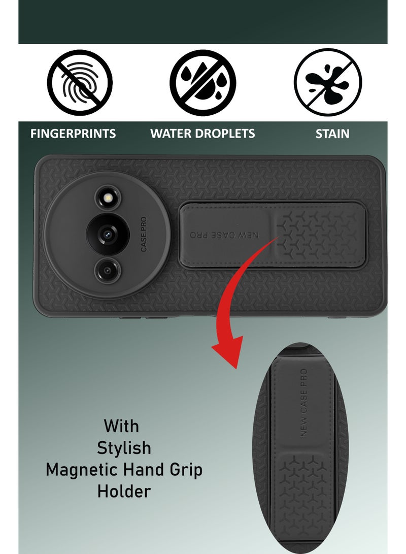 GMATE Redmi A3 - Semi Soft Silicone Magnetic Back Stand Case  With Foldable Kickstand & Finger Strap - Black - Image 4
