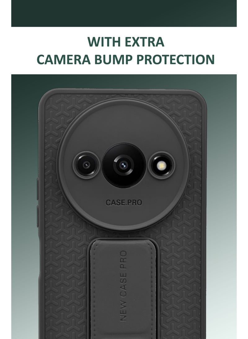 GMATE Redmi A3 - Semi Soft Silicone Magnetic Back Stand Case  With Foldable Kickstand & Finger Strap - Black - Image 3