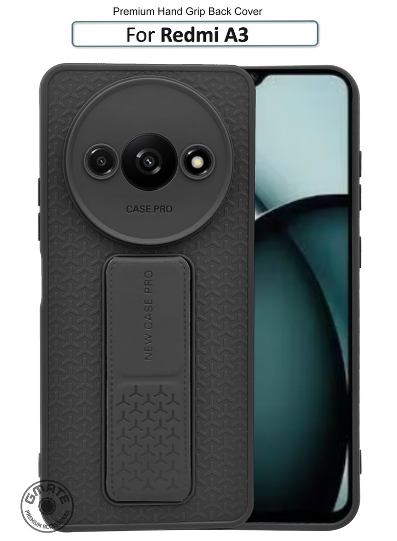 GMATE Redmi A3 - Semi Soft Silicone Magnetic Back Stand Case  With Foldable Kickstand & Finger Strap - Black - Image 1