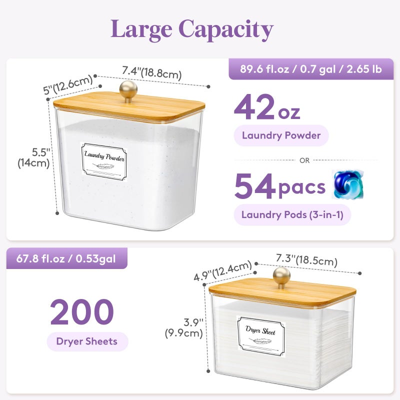 Lifewit Laundry Pods Container with Lid, Dryer Sheet Holder, Room Organization Storage for Coffee Pods Kcup Washing Powder, Scent Booster Beads, 2600 +2000ml/0.53+0.7galï¼ŒNatural,4 Pcs - Image 2
