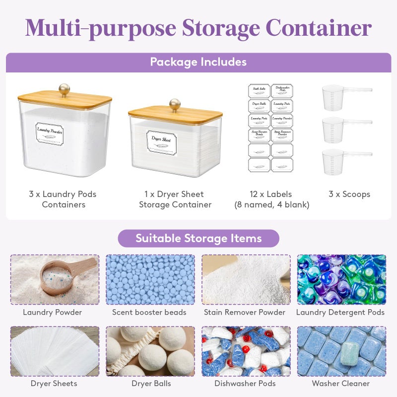 Lifewit Laundry Pods Container with Lid, Dryer Sheet Holder, Room Organization Storage for Coffee Pods Kcup Washing Powder, Scent Booster Beads, 2600 +2000ml/0.53+0.7galï¼ŒNatural,4 Pcs - Image 3