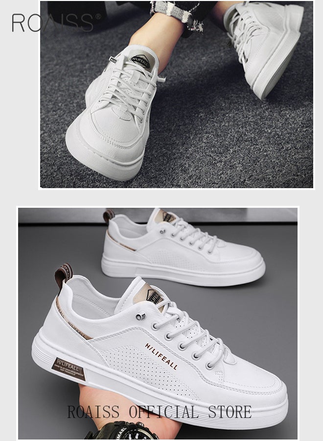 roaiss Breathable Slip On Sneakers for Men Pilot Casual Low Cut Leather Shoes Mens Non Slip Waterproof Flats Round Toe Versatile White Shoe Colorblock Sneakers - Image 5