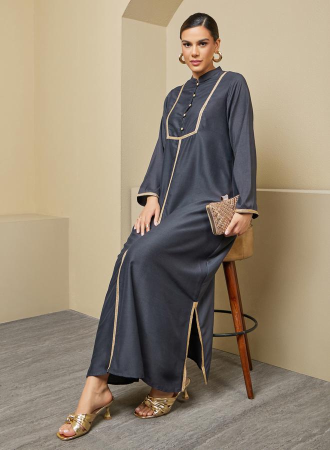 Styli Lace Detail Buttoned Mandarin Collar A-Line Jalabyia  - Image 1